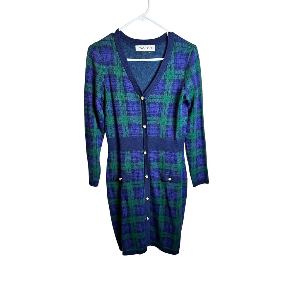 Taylor Tartan Plaid Blue Green Sweater Dress Size Small